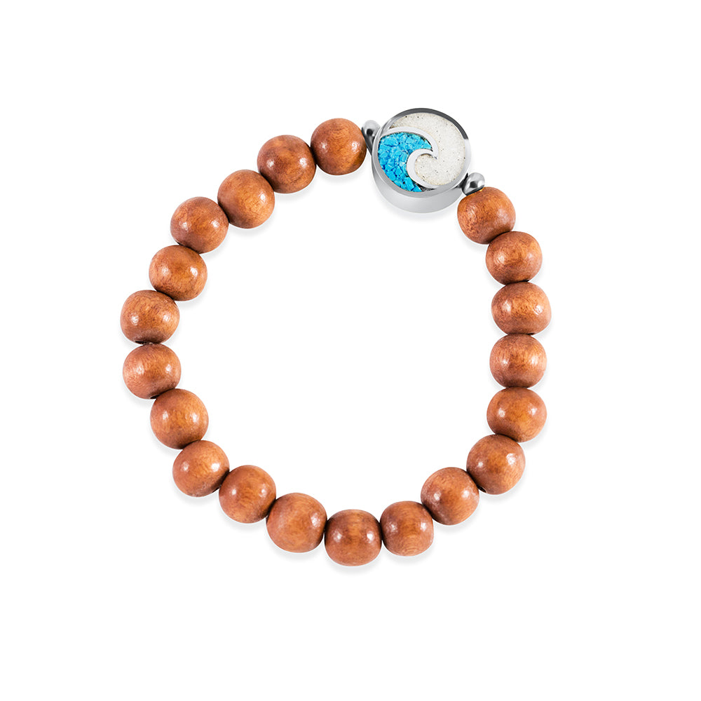 Wave Beaded Bracelet - Natural Wood and Silver
